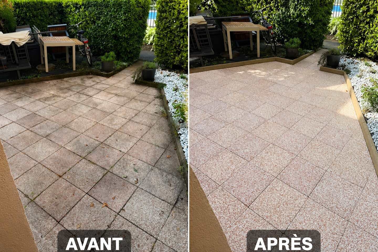 Terrasse en dalles avant / après nettoyage et hydrofuge par PROUX