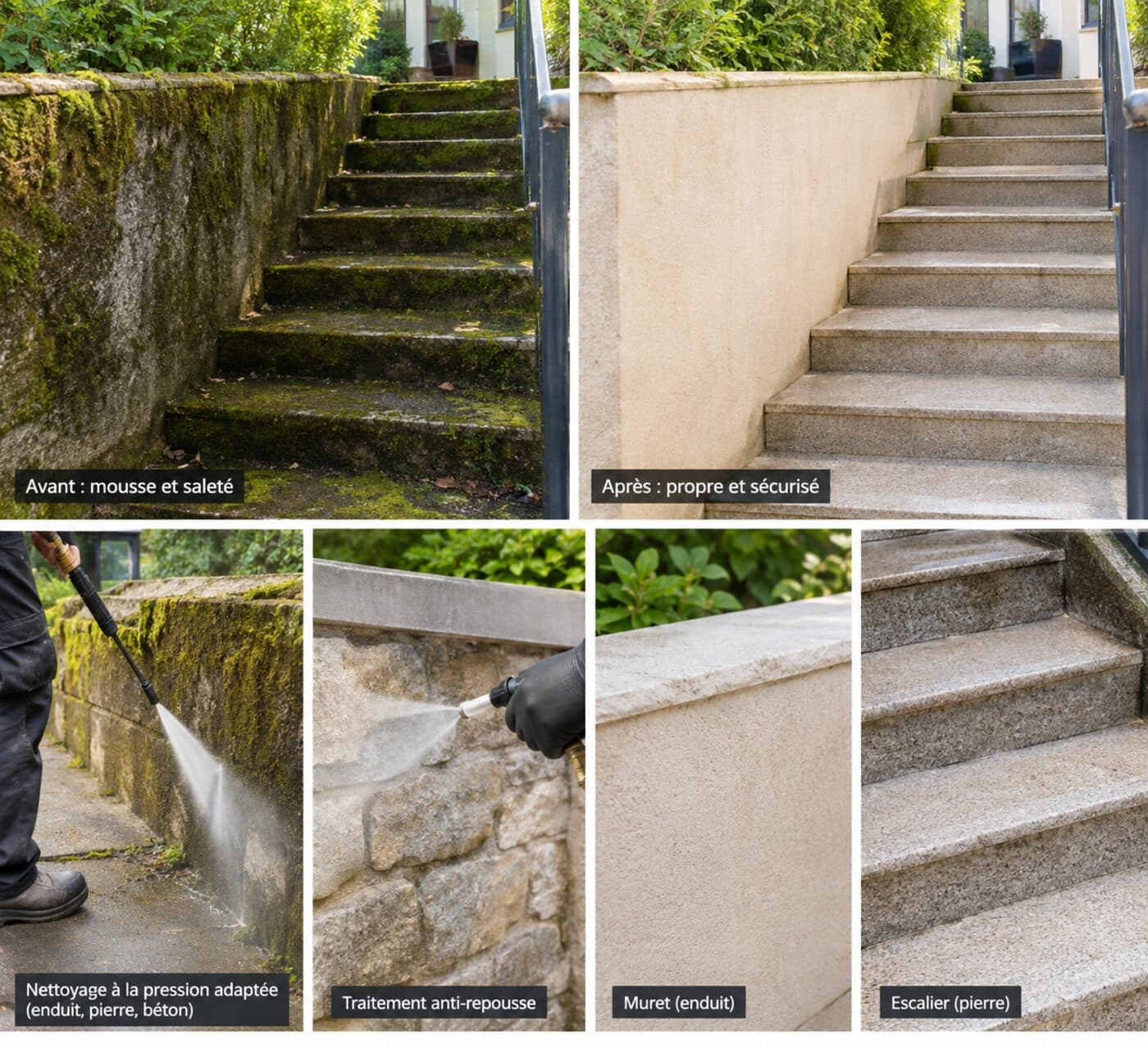 Terrasse et muret de bordure nettoyés par PROUX