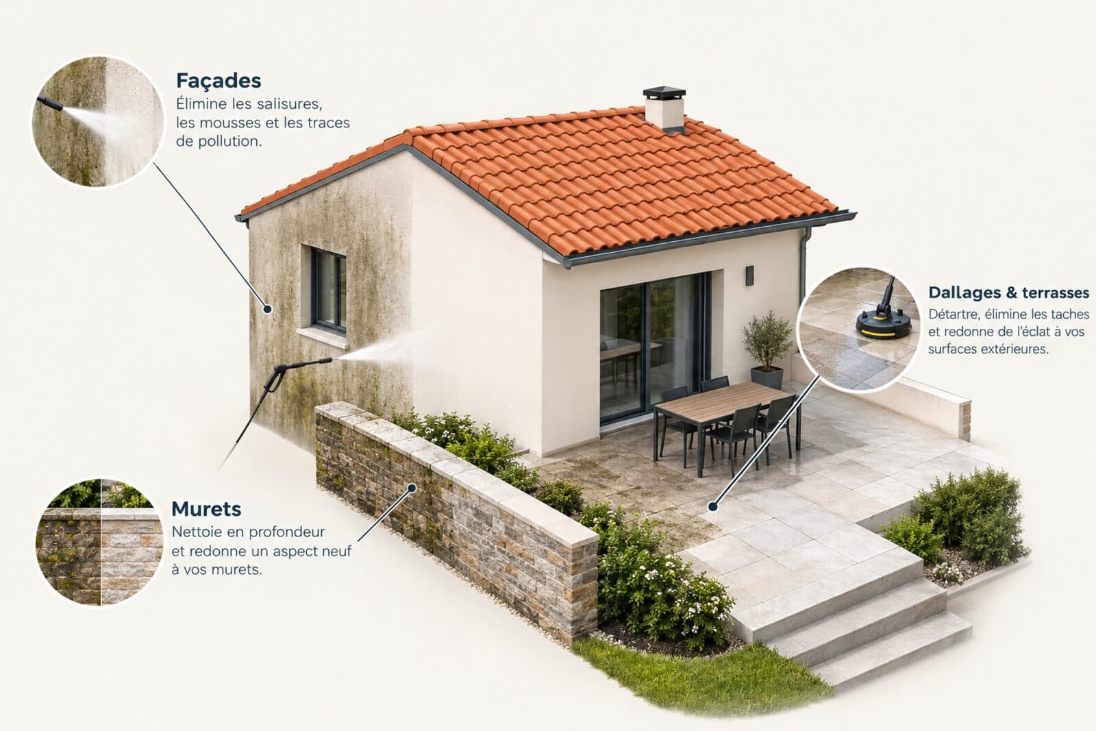 Schéma d’une maison avec terrasse : nettoyage des façades, détartrage des dallages et terrasses, remise à neuf des murets