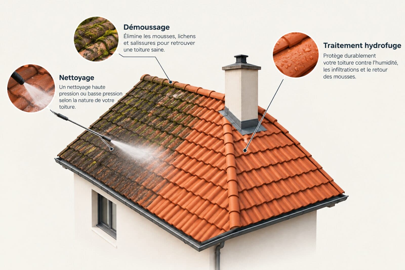 Schéma d’une toiture en tuile : démoussage des mousses et lichens, nettoyage basse ou haute pression selon la couverture, traitement hydrofuge de protection